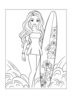 Barbie Doll With A Beautifully Decorated Surfboard Tracing Shape Pdf, Free Vectors File
